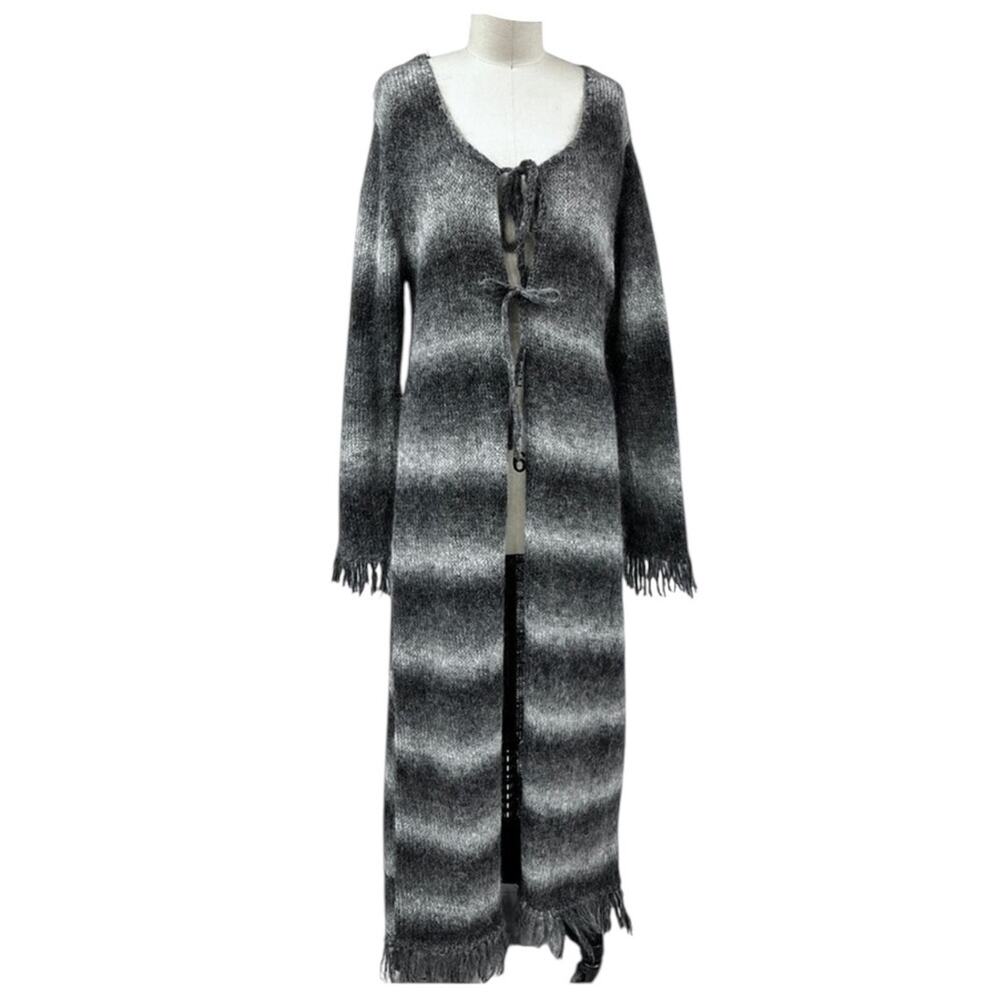 VTG Y2K Twiggy Mohair Long Duster Cardigan Sweater Fringe Trim  Gray Large